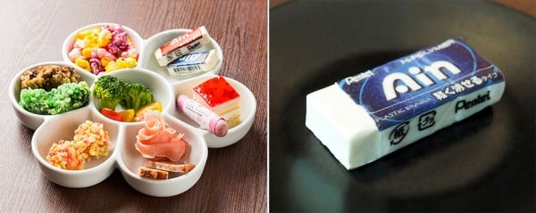 チーズでできた、食べられる「Ain消しゴム」がついた、7種類のカラフルおつまみセットです。お皿は梅鉢パレット!(¥1,500)