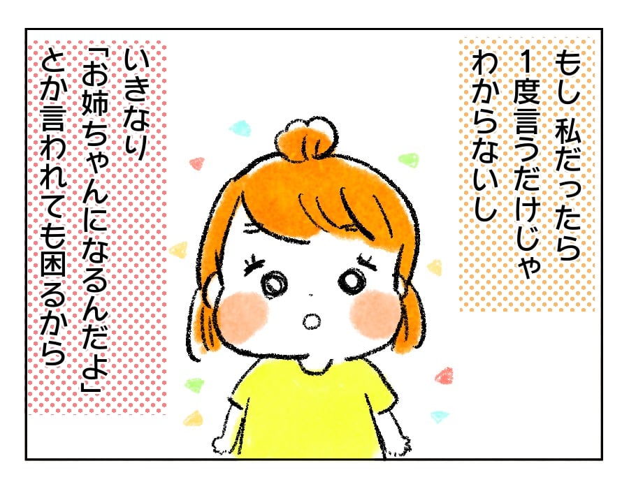 一度言うだけでは分からないし、いきなり「お姉ちゃんになるんだよ」といわれも分からないとおもったから